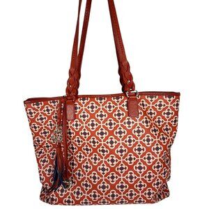 BRIGHTON Coated Canvas Tote Bag Braided Leather Straps Silver Heart Charm & Tass